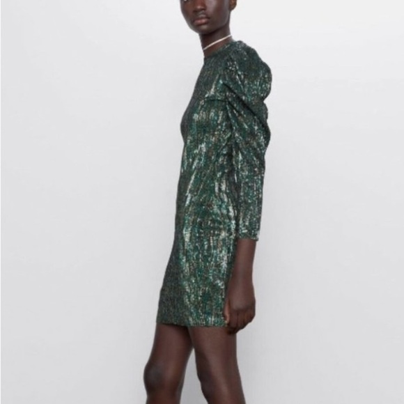 Zara Women’s Sequin Short Dress Puff Sleeves Green Size‎ Small - Picture 1 of 12